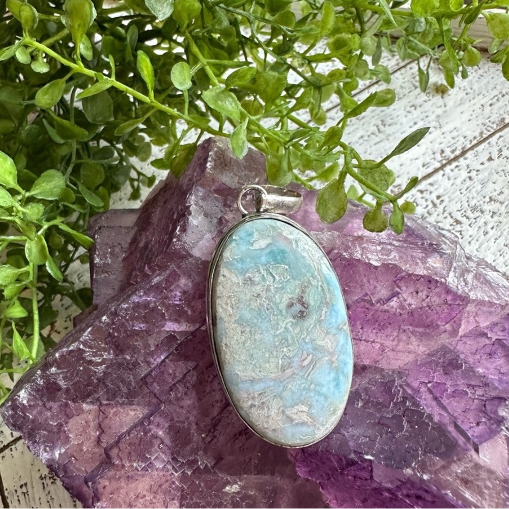 Larimar 925 Sterling Silver Plated Oval Raw Pendant Blue Brown Gray